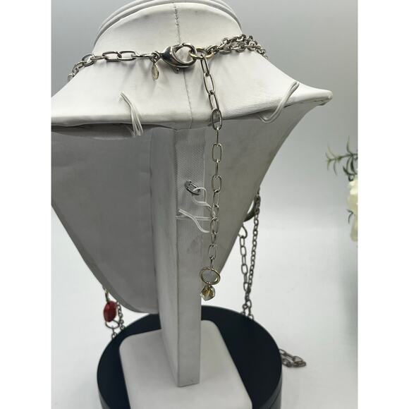 Emily Ray Boho Double Strand Stone Mixed Metal Chains Jade Green Coral Necklace - Picture 3 of 13